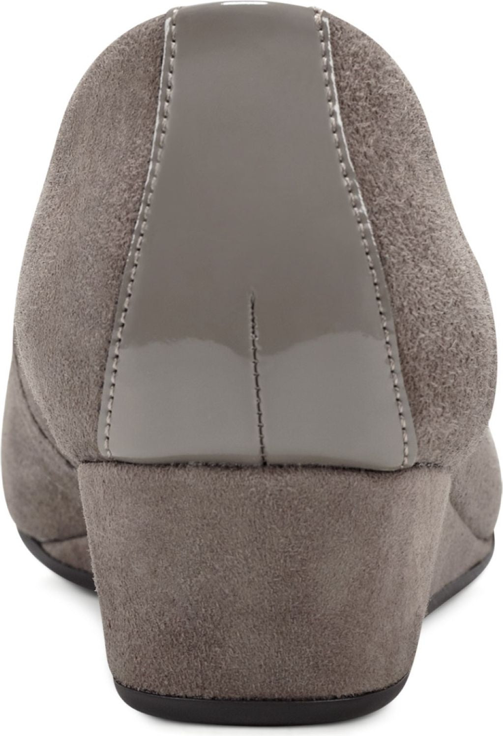 Back of grey suede wedge heel shoe with glossy grey accent.