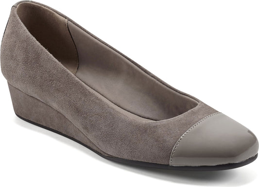 Women's gray suede wedge heel with gray patent leather toe.