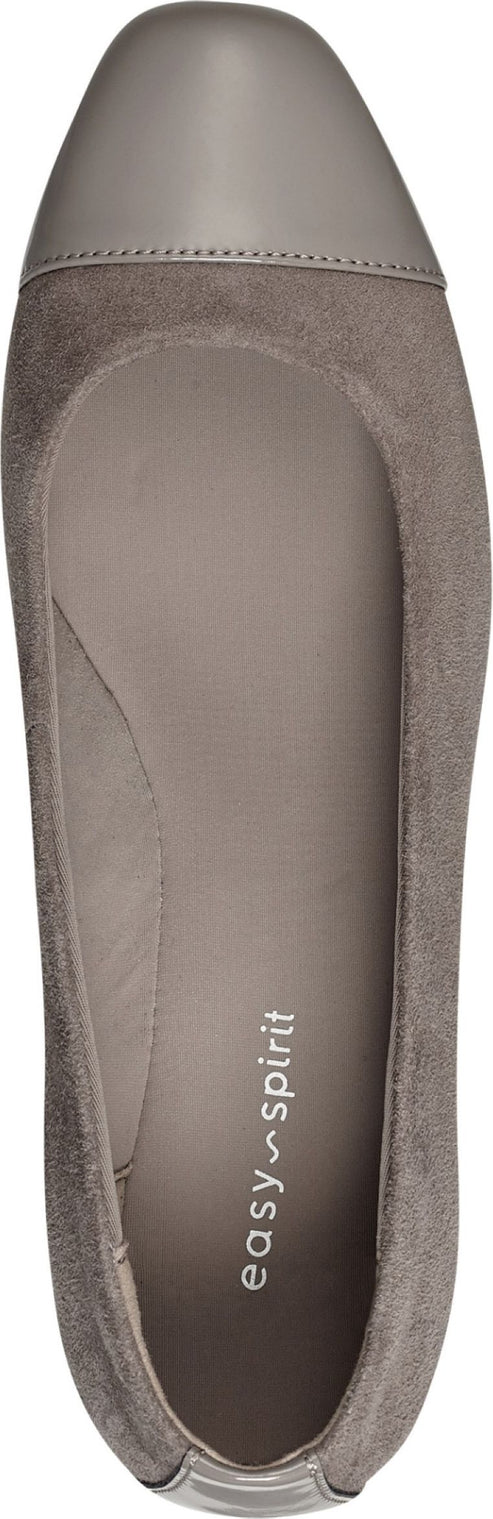 Taupe ballet flat with a rounded toe.