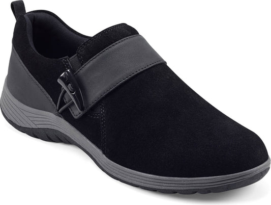Black slip-on shoe with gray accents and decorative buckle.