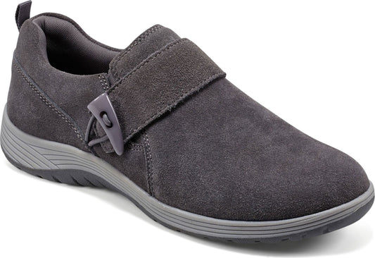 Gray suede shoe with hook-and-loop strap closure.