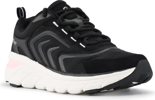 Black athletic shoe with black laces, a mesh upper, a white sole, and grey accents.