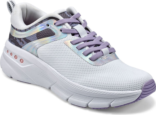 A white and purple women's running shoe with lavender laces.