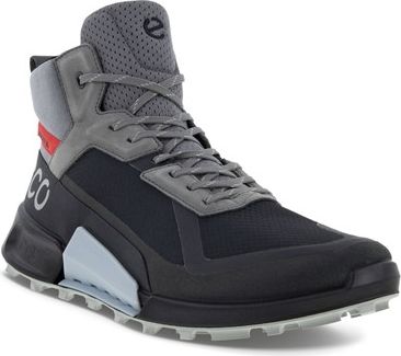 A black high-top sneaker with gray laces and gray and red accents.