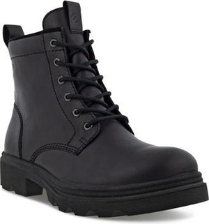 Black ankle boot with laces and a thick lug sole.