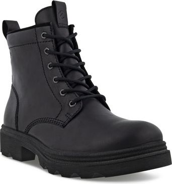 Black ankle boot with laces and a thick lug sole.