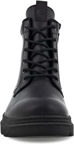 Front view of a black leather boot with a rounded toe, lace-up closure, and lug sole.