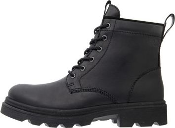 Black lace-up boot with rounded toe and pull tab.