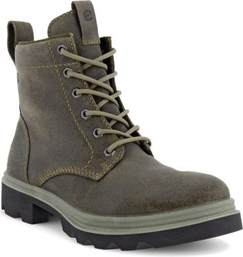 Olive-green ankle-height boot with laces and a rugged sole.