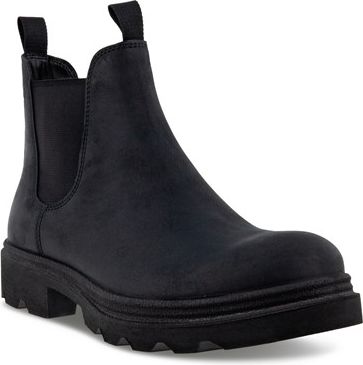 Black ankle-high Chelsea boot with lug sole and elastic side panels.