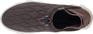 Top-down view of a quilted slip-on shoe with toggle closure and chunky translucent sole.
