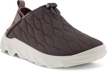 Slip-on quilted brown shoe with white platform sole.