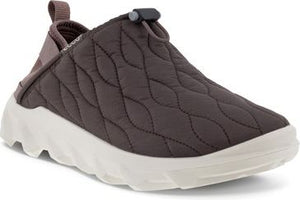 Slip-on quilted brown shoe with white platform sole.