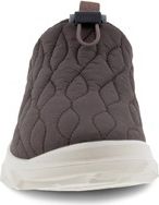 Rear view of a quilted brown slip-on sneaker with a thick, off-white sole and a pull tab at the heel.
