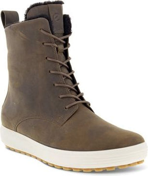 Brown leather lace-up boot with off-white sole and faux fur trim.