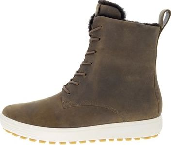 Brown mid-calf boot with laces, faux fur lining, pull tab and white sole.