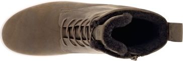 Top-down view of a high top boot with shoelaces.
