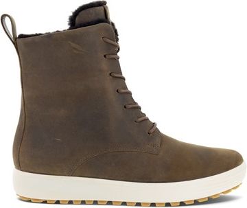 High-top brown leather boot with laces and a thick white sole.