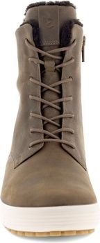 A brown lace-up boot with a white sole.