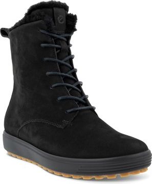 A mid-calf, black, suede boot with black laces and a black rubber sole. The inside of the boot is lined with dark colored fur.