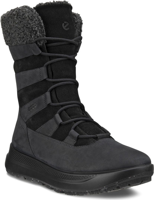 Mid-calf black boot with faux fur trim and lace-up closure.
