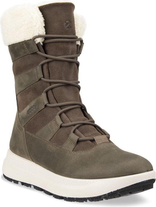 High-shaft winter boot, muted green with white faux fur trim, lace-up closure, and white sole.