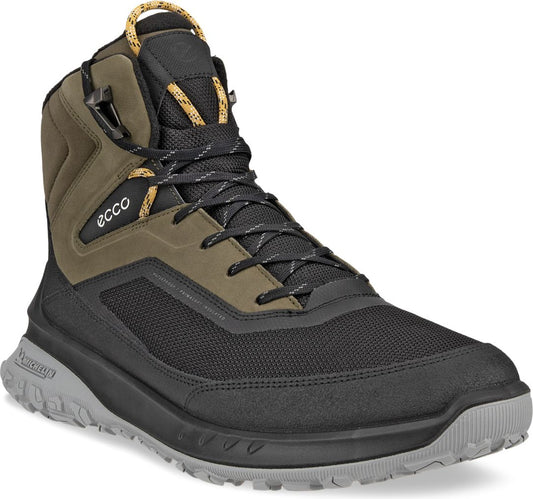A high-top hiking boot with black mesh lower and olive upper, featuring a black and gold lace.