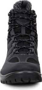 Front view of a black hiking boot with laces.