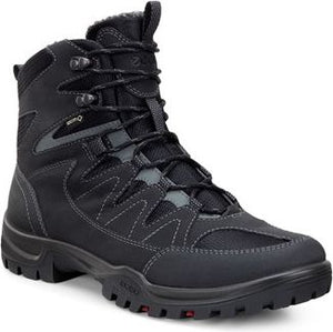 High-cut black hiking boot with gray trim and laces.