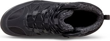 Top-down view of a black boot with lace-up closure and furry interior.