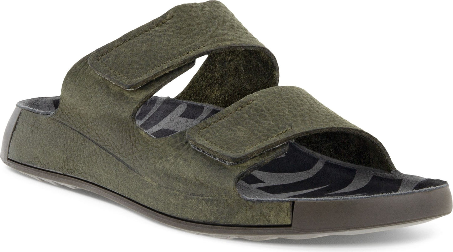 Olive green sandal with two adjustable hook and loop straps.