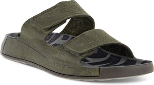 Olive green sandal with two adjustable hook and loop straps.