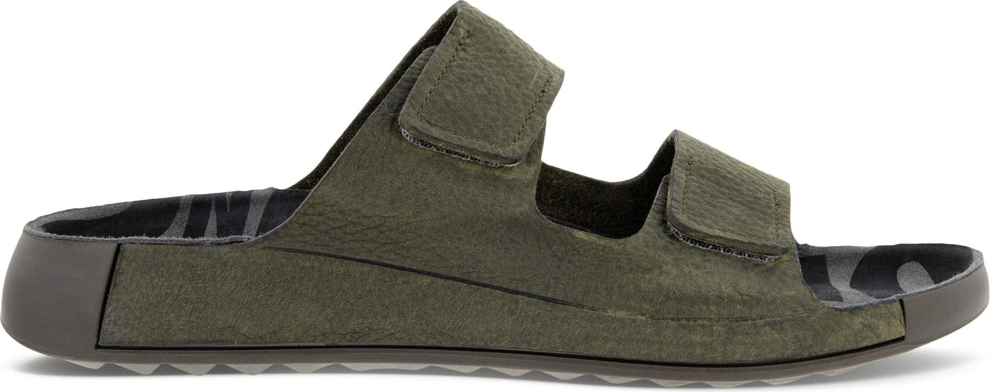 An olive green sandal with two adjustable straps.