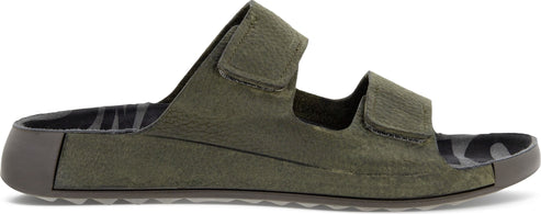 An olive green sandal with two adjustable straps.