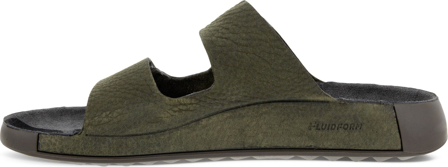 A pair of olive-green slide sandals.