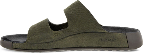 A pair of olive-green slide sandals.