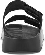 Rear view of black slide sandal with two adjustable hook and loop straps.