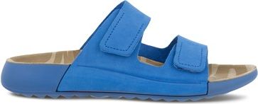 A blue sandal with two velcro straps.