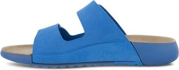 Blue two-strap slide sandal.