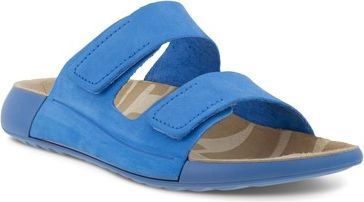 Blue slide sandal with two adjustable hook and loop straps.