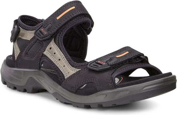 Black sandal with velcro straps and gray accents.