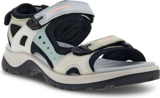 A sandal with adjustable velcro straps, thick sole, and a mix of light gray, black, and blue colors.