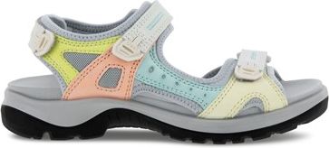 A sandal with a gray sole and straps in pastel colors, including yellow, peach, and mint.