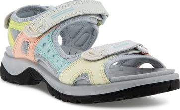 A sandal with velcro straps in pastel colors.