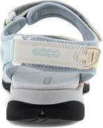 A sandal with velcro straps, an off-white blocky heel, and text on the back strap that says 'ECCO'.