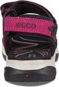 Rear view of open-toed sandal with pink velcro strap.