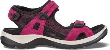 A pink and black sandal with a white midsole.