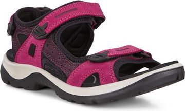 Pink sandal with velcro straps, black trim and a white midsole.