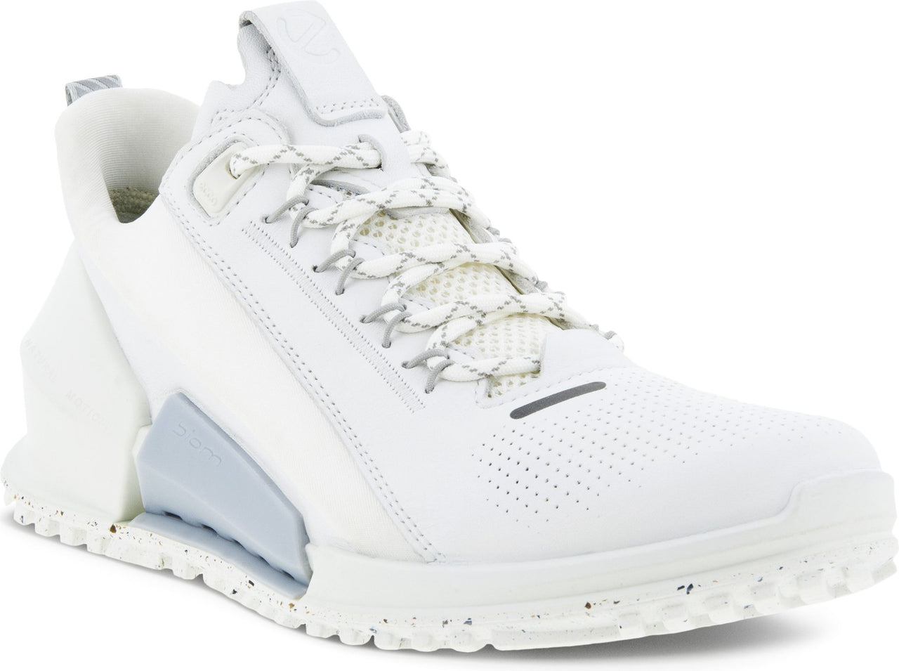 A white sneaker with a textured sole and white laces.
