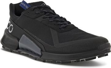 A black athletic shoe with GORE-TEX tag, rugged sole, and reflective laces.
